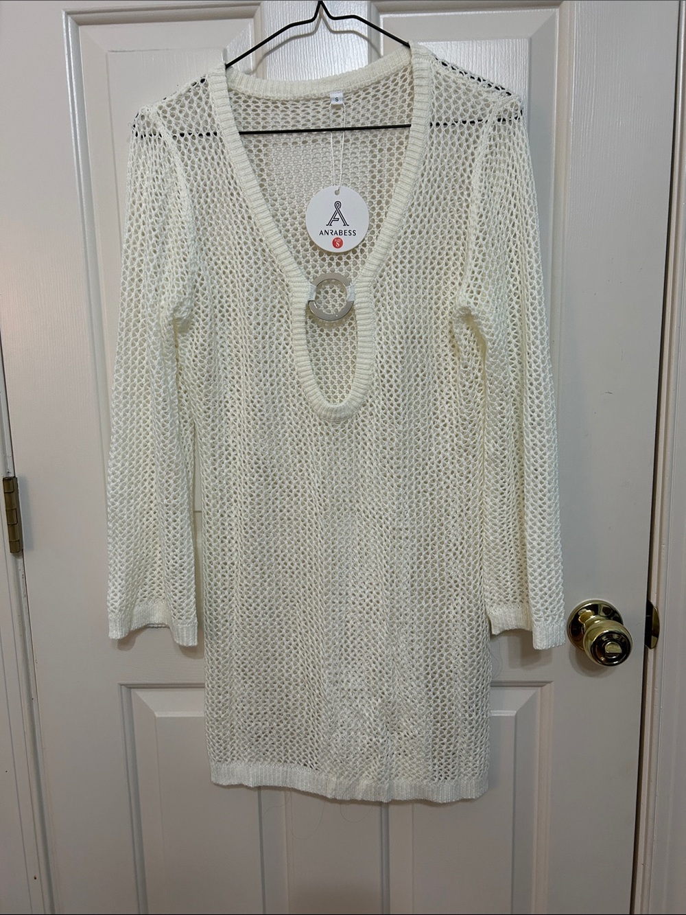Anrabess Cream Open-Knit Sweater Dress with Ring Detail S small new